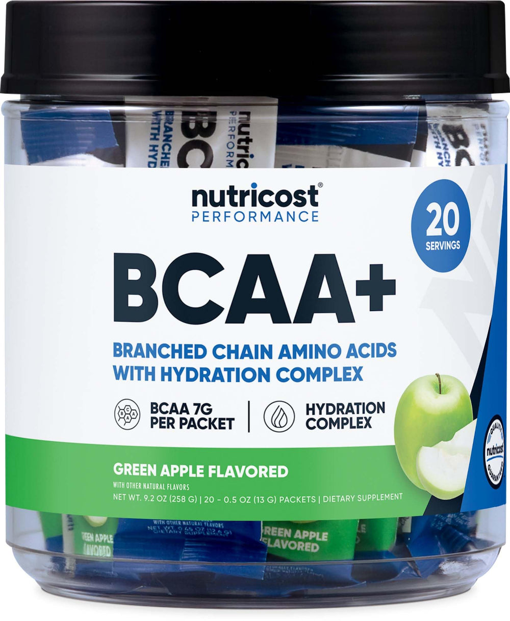 Nutricost BCAA+ Hydration Green Apple stickpacks for on-the-go hydration