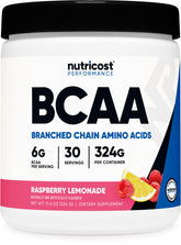 Nutricost BCAA Raspberry Lemonade label highlights high-quality amino acids for workout support.