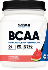 Nutricost BCAA Watermelon bottle label shows 90 servings for workouts.