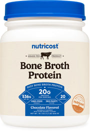 Nutricost Beef Bone Broth Protein Powder Chocolate container shows 20 servings for convenient daily protein.