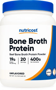 Nutricost Beef Bone Broth Protein Powder (unflavored, 20 servings) for quick protein boost.