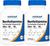 Nutricost Benfotiamine 300mg bottle front view highlights gluten-free and non-GMO status.