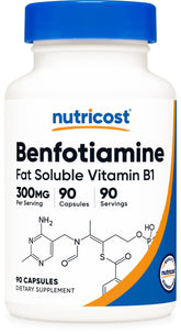 Nutricost Benfotiamine 300mg bottle with gluten-free and non-GMO badges visible.
