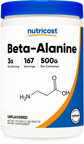 Nutricost Beta Alanine powder container showing pure, gluten-free supplement for workouts.