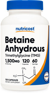 Nutricost Betaine Anhydrous bottle showings 120 capsules for 60 servings, daily wellness.