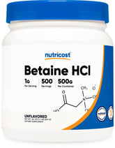 Nutricost Betaine HCl powder bottle presents a 500g supply for regular use.