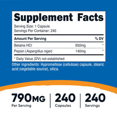 Nutricost Betaine HCl Pepsin 790mg bottle back label lists ingredients and quality.
