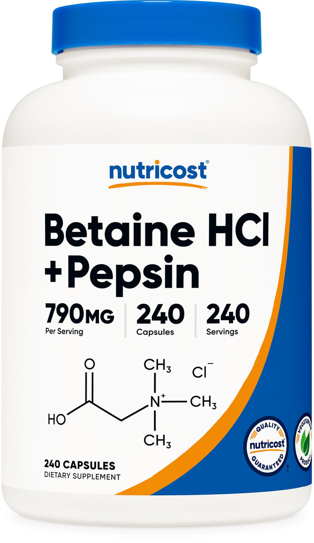 Nutricost Betaine HCl Pepsin 790mg bottle front highlights vegetarian-friendly digestive support.