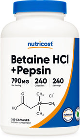 Nutricost Betaine HCl Pepsin 790mg bottle front highlights vegetarian-friendly digestive support.