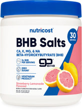 Nutricost BHB Salts Drink Mix strawberry lemonade in a glass ready to hydrate.