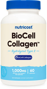 Nutricost BioCell Collagen bottle shows 1,000 mg per serving for daily use.
