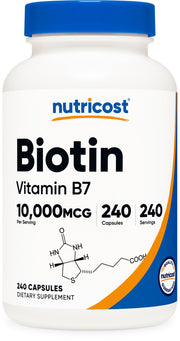 Nutricost Biotin 10,000 mcg bottle front view for daily wellness routine.