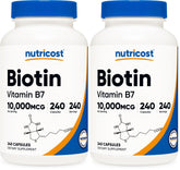 Nutricost Biotin bottle with 10,000mcg capsules for daily routine.