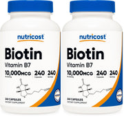 Nutricost Biotin bottle with 10,000mcg capsules for daily routine.