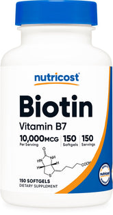 Nutricost Biotin bottle front view highlighting high potency supplement for daily routines