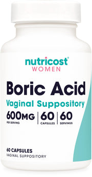 Nutricost boric acid 600mg bottle showing convenient capsules for daily vaginal care.