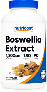 Nutricost Boswellia capsules on a bottle, supports daily wellness routine.