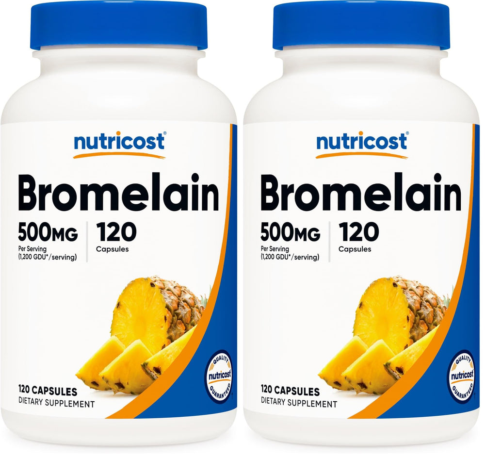 Nutricost Bromelain 500mg front view bottle with 120 capsules for daily enzyme support.