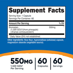 Nutricost Bromelain 550 mg per serving label highlights potent pineapple-based enzyme