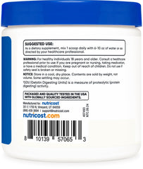 Label closeup of Nutricost Bromelain Powder highlighting manufacturing and testing standards.