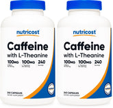 Nutricost Caffeine with L-Theanine bottle front supports balanced energy for daily tasks.