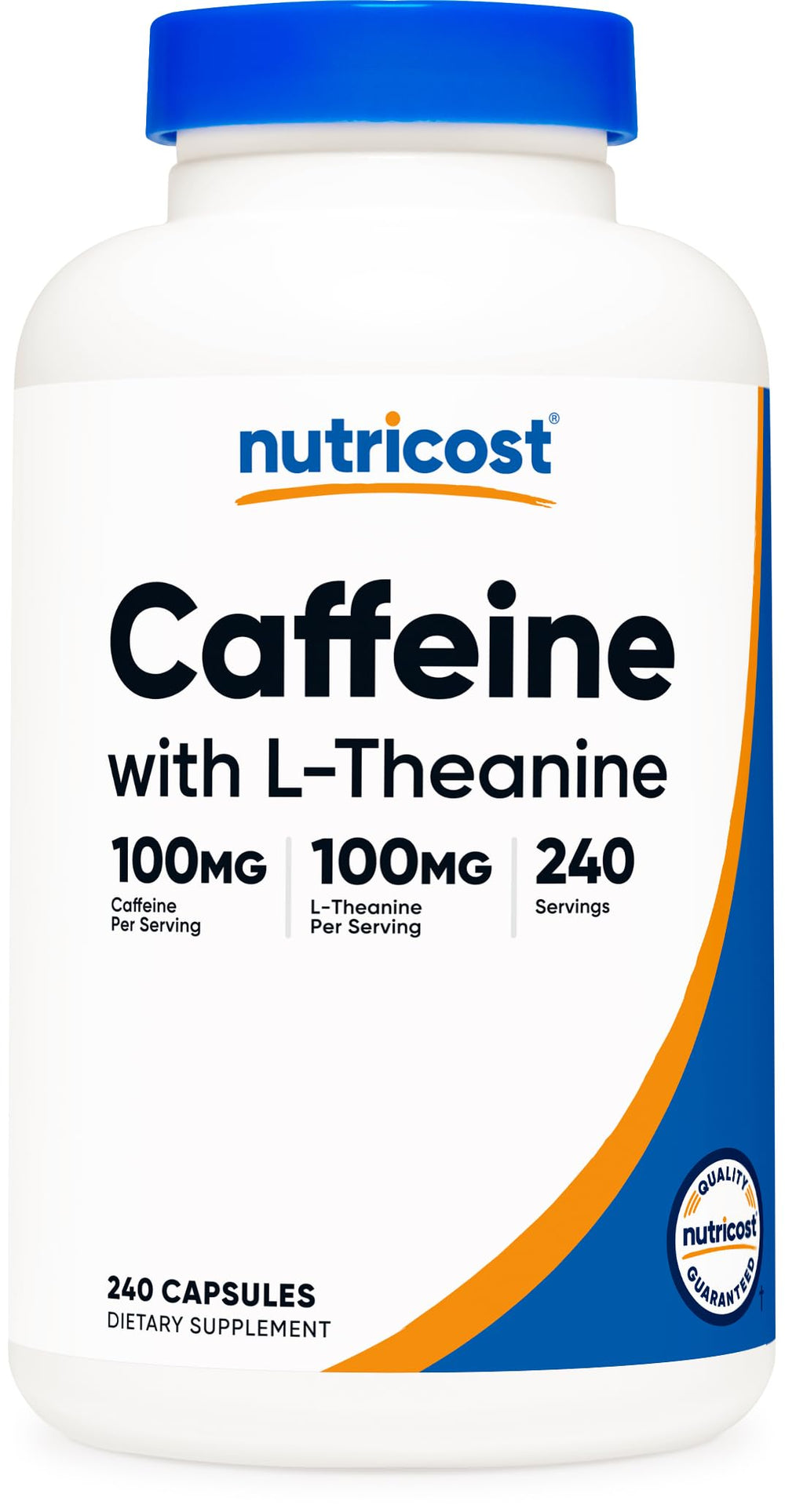 Nutricost caffeine with l-theanine bottle front emphasizing balanced energy