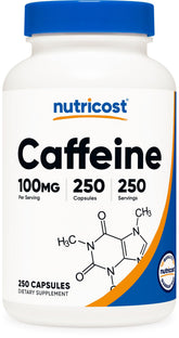 Nutricost caffeine pills 100 mg bottle for portable energy and focus.
