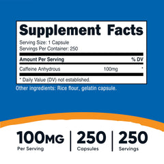 Nutricost caffeine pills label close-up highlighting dosage and quality standards.