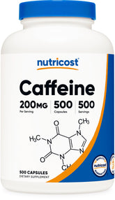 Nutricost caffeine pills 200mg bottle close-up for portable alertness