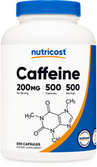 Nutricost caffeine pills 200mg bottle close-up for portable alertness