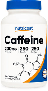 Nutricost caffeine pills bottle front offers convenient energy on the go.