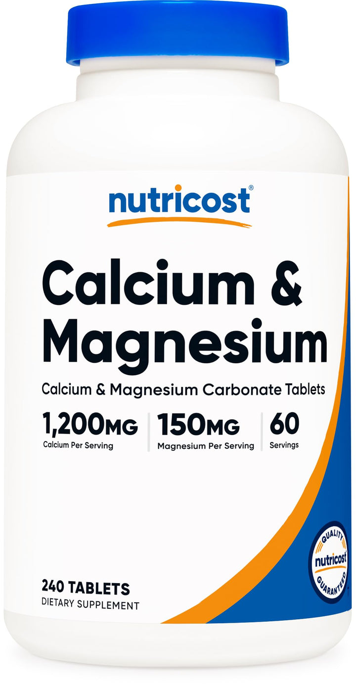 Nutricost calcium magnesium bottle front shows gluten-free and non-GMO bone support.