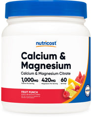 Nutricost calcium-magnesium powder bottle with Fruit Punch flavor for daily mineral balance.