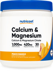 Nutricost Calcium Magnesium Powder Peach Mango tub displaying a tasty daily mineral blend