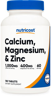 Nutricost Calcium Magnesium Zinc tablets bottle front for daily mineral support.