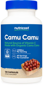 Nutricost Camu Camu 1000mg bottle close-up, organic vitamin C source.