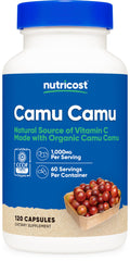 Nutricost Camu Camu 1000mg bottle close-up, organic vitamin C source.