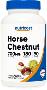 Nutricost cápsulas de extracto de castaño de Indias, botella de 180 cápsulas para uso diario.