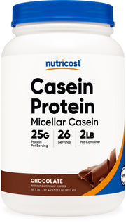 Nutricost Casein chocolate bottle showing a 2 lb jar for steady protein