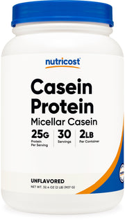 Nutricost casein powder bottle shows a 2 lb tub for steady protein supply