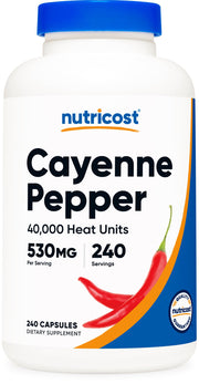 Nutricost Cayenne 530mg capsule bottle for daily metabolic support and temperature balance