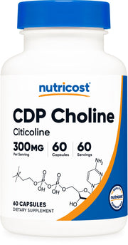 Nutricost CDP Choline 300mg capsules — close-up view highlighting vegetarian formula for daily use.
