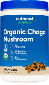 Nutricost organic chaga powder bottle with USDA Organic certification and clean ingredients.