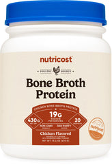 Nutricost Chicken Bone Broth Protein tub adds savory flavor to soups and stews.
