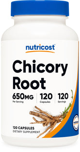 Nutricost Chicory Root 650mg bottle on shelf, daily fiber support