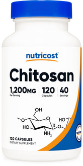 Nutricost Chitosan bottle shows 1200mg per serving for daily use