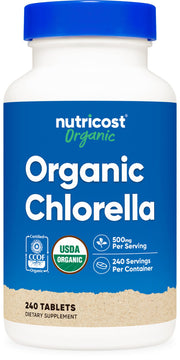 Nutricost Chlorella bottle label displaying USDA Organic certification and product details.