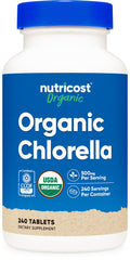 Nutricost Chlorella bottle label displaying USDA Organic certification and product details.