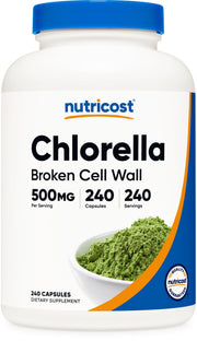 Nutricost Chlorella Capsules bottle front with 500mg dose for daily use