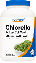 Nutricost Chlorella Capsules bottle front with 500mg dose for daily use